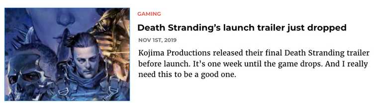 A screen capture from the OZARIN redesign. The post preview component, featuring a preview image from the Death Stranding game.