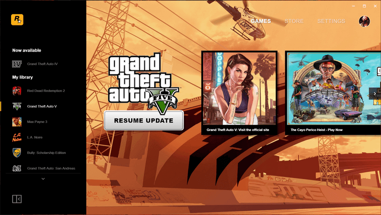 Screencapture of Grand Theft Auto 5 dashboard in the Rockstar Games Launcher