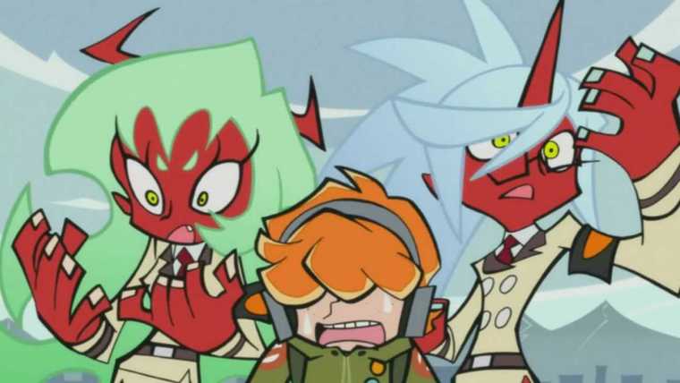 Two bright haired demons in uniform, accompanying a young boy